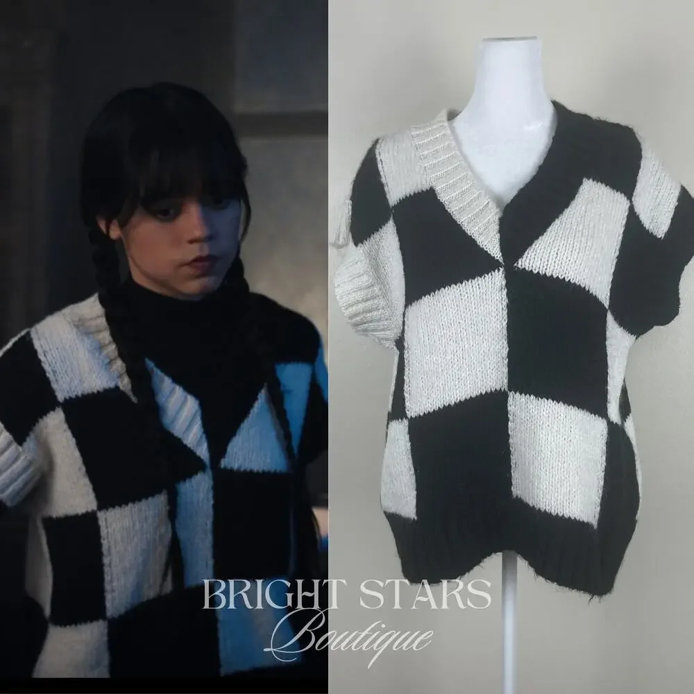 Rare Checkerboard Sweater Vest ASO Wednesday Addams Black White Cosplay